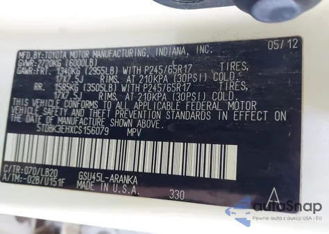 2012 Toyota Highlander Se V6 из США, поврежденный, VIN 5TDBK3EHXCS156079